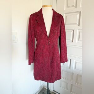 Bisou Bisou Burgundy Maroon Red Blazer Long Jacket Coat Paisley Jacquard Size 10
